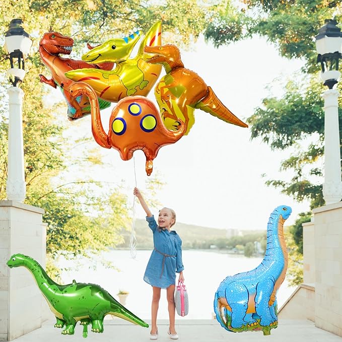 Dinosaur Foil Balloons Set (35-50 In), 6 Pieces Large Dinosaur Mylar Helium Balloons for Kids, Giant Cute Dino Birthday Party Decorations Kit for Boys Jungle Safari Theme Baby Shower Decor Supplies