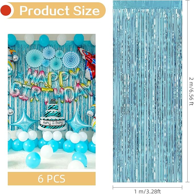 6 Pack Blue Foil Curtain Backdrop 3.2ft x 6.6ft Metallic Tinsel Fringe Backdrop Curtains Streamer Photo Booth for Birthday Engagement Bachelorette Christmas Holiday Party Decorations