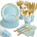 AIRE 175Pcs Blue and Gold Paper Plates Dinnerware Sets for 25 Guests, Party Decorations Paper Plates Party Supplies Gold Plastic Forks Knives Spoons, Golden Dot Napkins Cups For Birthday Baby Shower