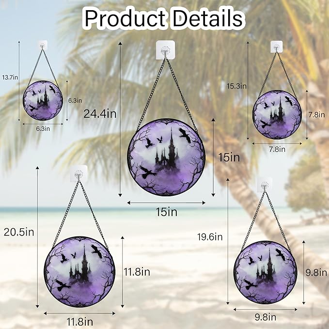 Stained Glass Window Hanging - Halloween Gothic Castle Purple Smoke Suncatcher for Doors Garden Home Spooky Crow Sun Catchers Gothic Decor Horror Gift for Women Men Friend Boy Girl 6.3 in
