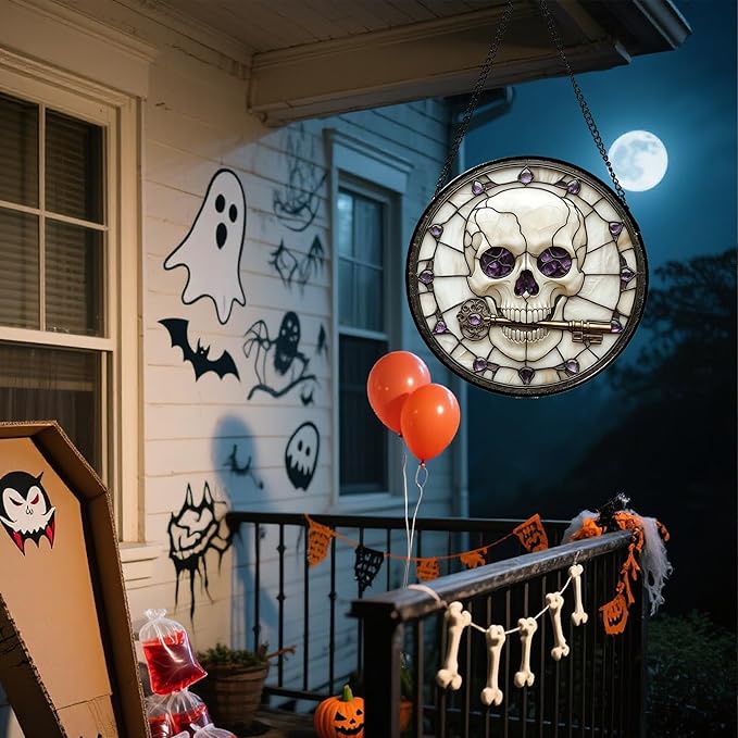 Stained Glass Window Hanging - Halloween Scary Skull Suncatcher for Doors Garden Home Spooky Purple Skeleton Key Sun Catchers Gothic Decor Horror Gifts for Women Men Friend Boy Girl 11.8 in