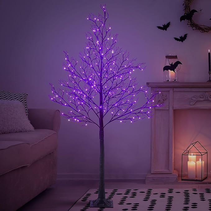 LIGHTSHARE 6FT Halloween Willow Tree 200 LED Lights Artificial Black Spooky Tree for Home, Festival, Nativity,Party, and Christmas Decoration, Indoor and Outdoor Use (Purple, 6FT)