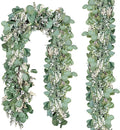 Ouddy Decor 2 Pack Eucalyptus Garland Total 13.1 Ft Lush Silver Dollar Leaves Boxwood with White Buds Artificial Faux Greenery Vines for Baby Shower Wedding Party Table Runner Room Home Mantle Decor