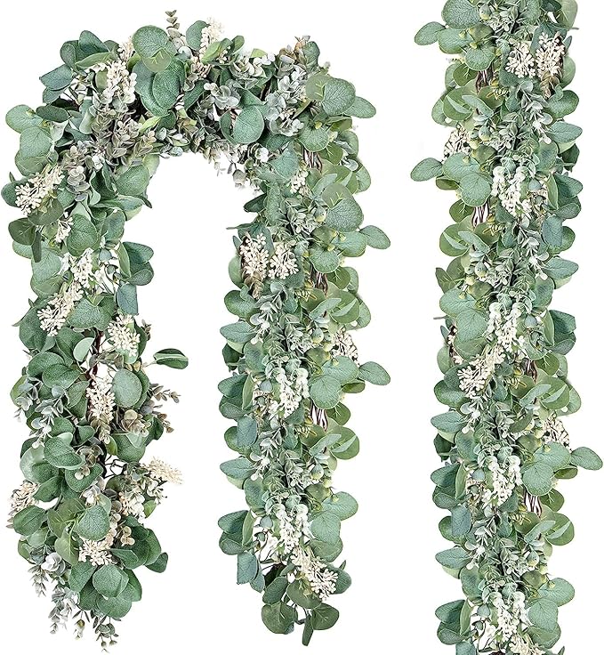Ouddy Decor 2 Pack Eucalyptus Garland Total 13.1 Ft Lush Silver Dollar Leaves Boxwood with White Buds Artificial Faux Greenery Vines for Baby Shower Wedding Party Table Runner Room Home Mantle Decor