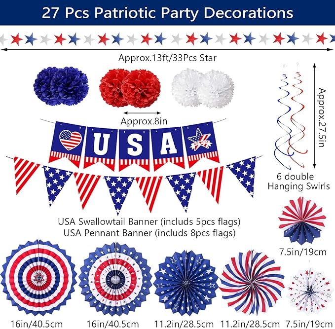 4th of July Patriotic Party Decorations, 6 Paper Fan, 6 Flower Ball, 1 USA Swallowtail Flag, 1 USA Pennant Flag, 1 Star Streamer, 6 Swirl, Independence Day, Memorial Day, Veterans Day Decor Supplies