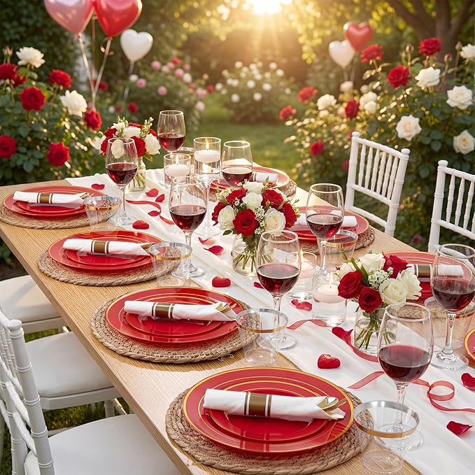 350Pieces Red Plastic Plates with Gold Rim Include 50Dinner Plate 10inch 50Dessert Plate 7inch 50 gold Cups 9 OZ, 50 Pre Rolled Napkins for Party Baby Shower Wedding Spring