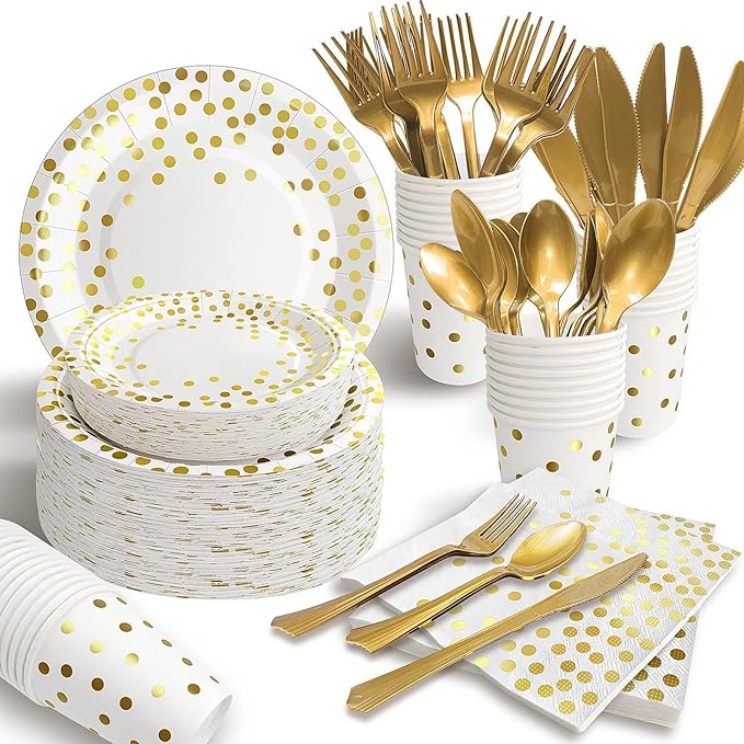 AIRE 175PCS White and Gold Paper Plates Party Supplies for 25 Guests Disposable Party Decorations Dinnerware Golden Dot Paper Plates Napkins Cups Gold Plastic Forks Knives Spoons for Wedding Birthday