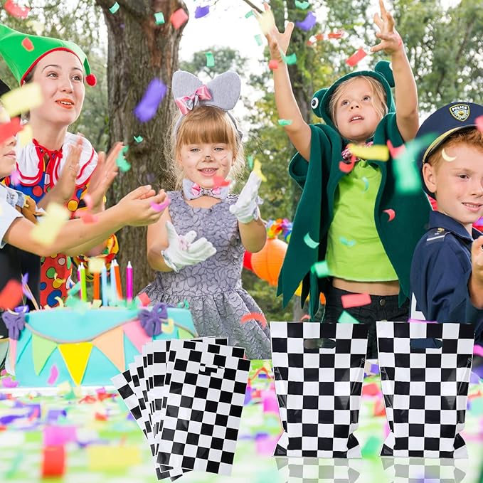 Rainmae 50 Pcs Race car Goodie Gift Bags, Racing Treat Gift Bags, Candy Party Favors Bags, Black and White Checkered Party Supplies for Two Fast Themed Kids Birthday Baby Shower Party Decoration