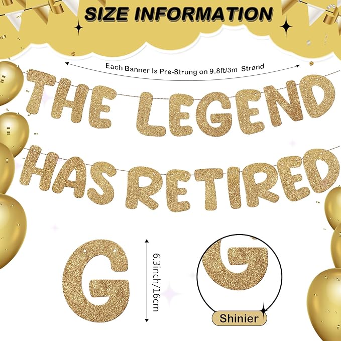 Fulmoon Pre Strung the Legend Has Retired Glitter Banner 9.8 ft Retirement Banner Retirement Party Decorations Garland Bunting for Men Women Gifts, No DIY(Champaign Gold)