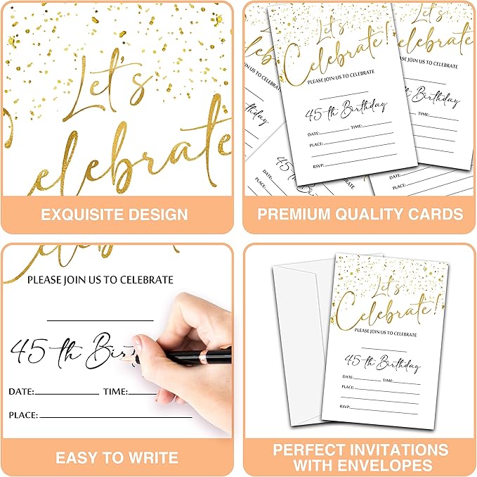 45th Birthday Invitations Cards, 4"x 6" White and Gold Confetti Birthday Party Invites with Envelopes for Party Decorations Supplies(20 Pieces) -D12