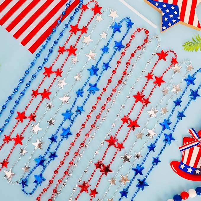 Independence Day Necklace Accessories, 48PCS 4th of July Beads Necklaces Bulk, 6 Kinds Fourth of July Red Blue White Stars Round Bead Necklace, Patriotic Bulk for Parade Party Favors Decor