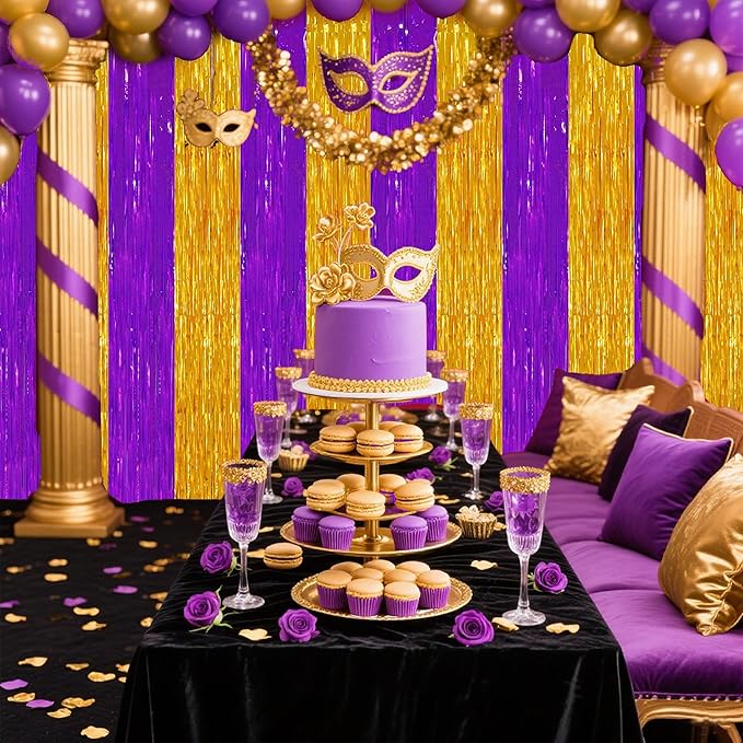 TONIFUL 2Pcs Purple Gold Door Streamers,Green Photo Booth Backdrop,Metallic Streamers Green Foil Fringe Curtains for Birthday,Christmas,New Year,St. Patrick's Day Party Streamers Decor