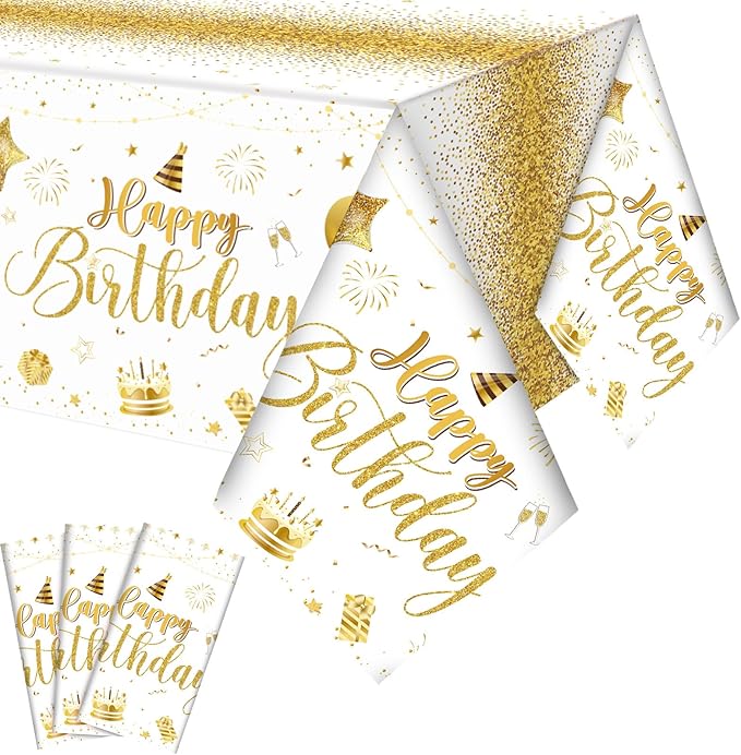 Tudomro 3 Pcs Happy Birthday Tablecloths Happy Birthday Party Decorations Plastic Table Cover Rectangular Cloths for Women Men Baby Shower Party Supplies, 108 x 54 Inch (White Gold)