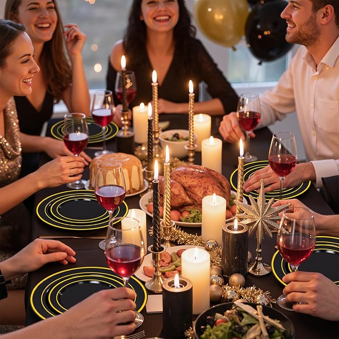 350 Pieces Black and Gold Plastic Plates with Disposable Silverware, Include 50 Dinner Plates 9”, 50 Dessert Plates 6.3”, 50 Black Cups 9 OZ, 50 Pre Rolled Napkins for Wedding Party Graduation