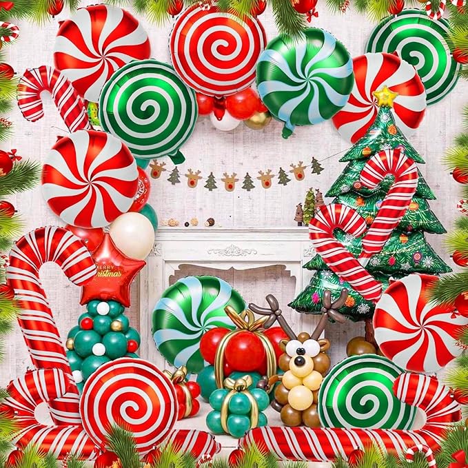 72Pcs Christmas Balloons Kit, Cane Candy Foil Balloons with Ribbons, Red Green Mylar Balloon for Party Decorations
