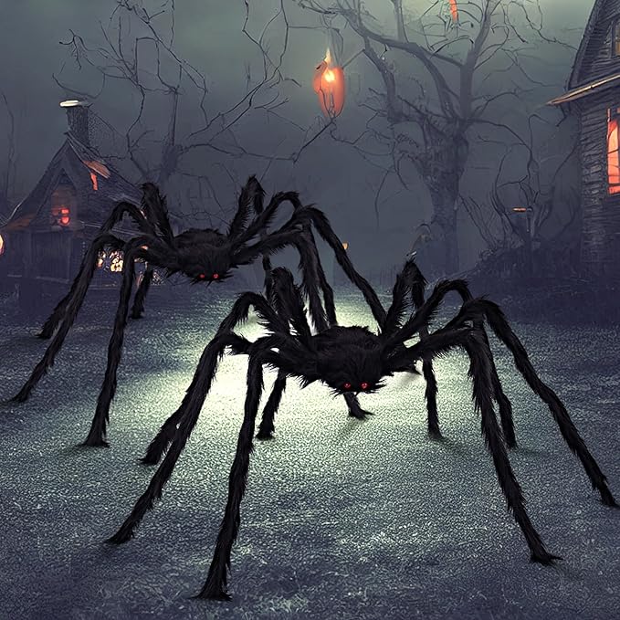 JOYIN 2 Pack 5 Ft Halloween Outdoor Decorations Hairy Black Spider, Scary Giant Spider, Fake Large Haunted House Props, Halloween Yard Lawn Decorations Party Indoor Decor