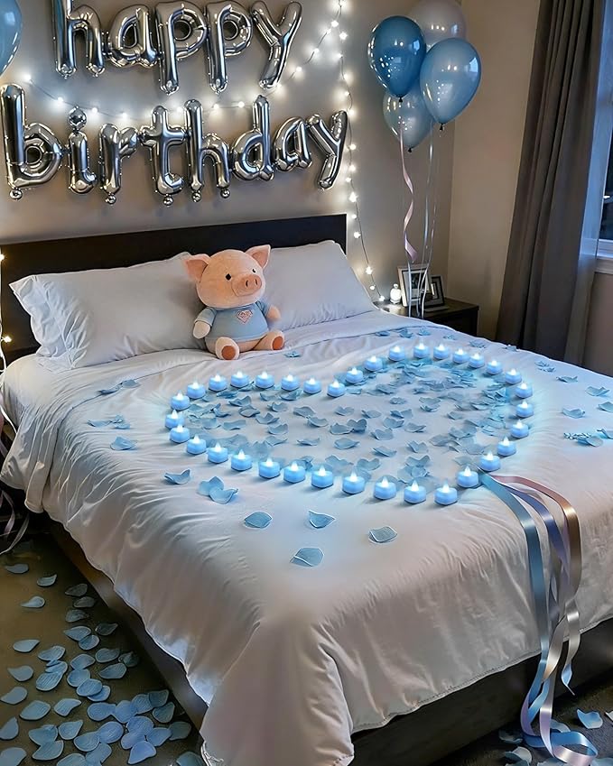 Amagic 2000 Pieces Light Blue Artificial Rose Petals with 24 Light Blue LED Tea Lights, Rose Petals and Candles Set for Proposal, Anniversary, Romantic Night, Wedding Decor