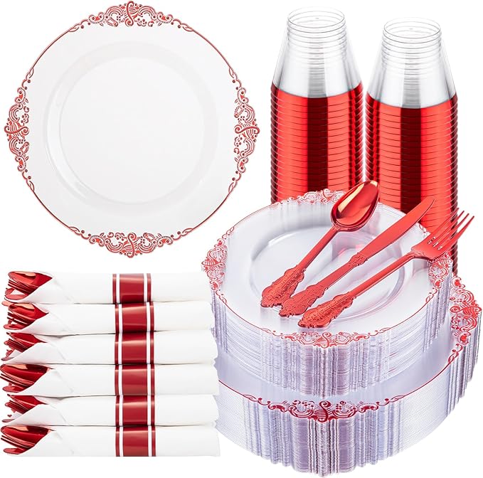 Hioasis 175pcs Clear and Red Plates - Red Party Plates for 25 Guest, Include 50 Heavy-duty Plates(20% Thicker Than Standard), 25 Pre Rolled Gold Plastic Silverware Set, 25 Cups