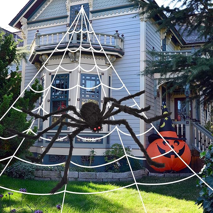 OCATO 200" Halloween Spider Web + 59" Giant Spider Decorations, Fake Spiders with Triangular Huge Spider Web, Indoor/Outdoor/Halloween Decorations/Yard/Home/Costumes Parties/Haunted House Decor, Black
