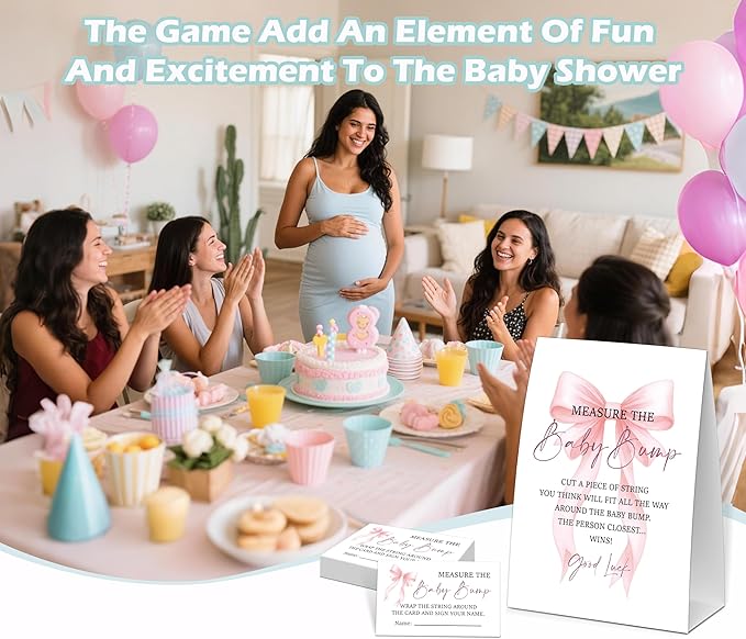Pink Bow Measure the Baby Bump Game, Baby Shower Game, Include One 5×7 Sign and 50 Guessing Cards, Pink Coquette Bow Gender Reveal Party Decoration Supplies - FI01