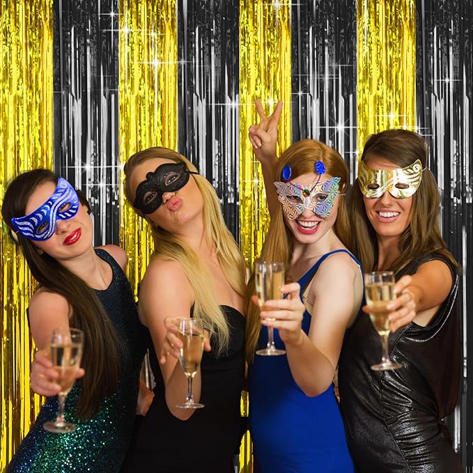 4 Packs Black and Gold Foil Fringe Curtain, Black Gold Metallic Tinsel Backdrop for Birthday, Wedding, Graduation Decorations 2025, Anniversary, Retirement Party Decorations Supplies