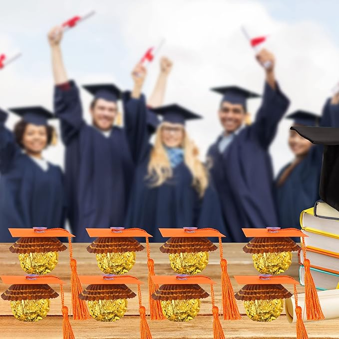 Gyufise 36Pcs 2026 Graduation Cap Cupcake Toppers with Tassel Adhesive Dots Chocolate Decorations Class of 2026 Congrats Grad Cap Cupcake Decorations for 2026 Graduation Theme Party Supplies Orange