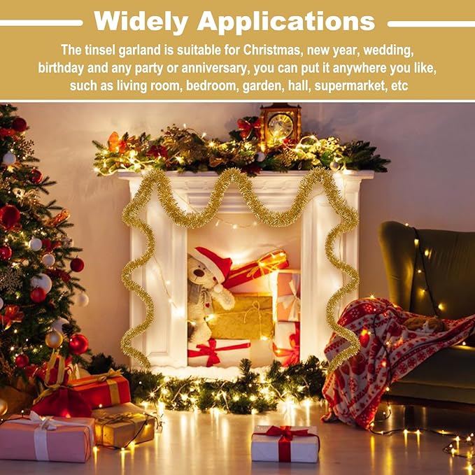 50 Feet Christmas Tinsel Garland, Metallic Twist Garland Wall Hanging Tinsel Garland Backdrop for Parade Floats, Carnival, Birthday, Wedding, New Year Party Decorations (Champagne Gold, 2in x 50ft)