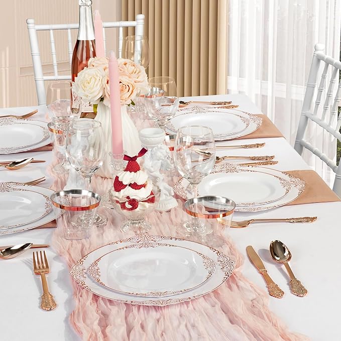 175PCS Rose Gold Plastic Plates for 25 Guests, Disposable Dinnerware Sets Include 50 Rose Gold Rim Plastic Plates, 25 Silverwares and 25 Cups, 25 Pre Rolled Napkins for Party, Graduation