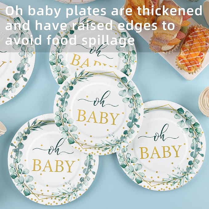 350 Pcs Sage Green Baby Shower Decorations, Baby Shower Plates and Cups and Napkins Sets Serves 50, Oh Baby Plates with Gold Dots for Boho Baby Girl Boy Neutral
