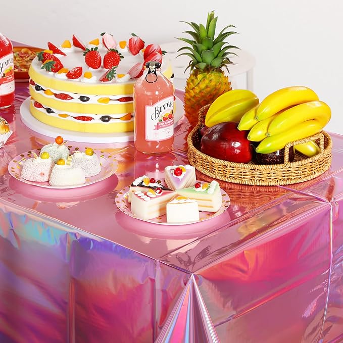 1 Pack Iridescent Pink Plastic Tablecloths, FunnyPars Shiny Disposable Laser Rectangle Table Covers, Holographic Foil Tablecloth Iridescent Party Decorations for Kpop Birthday Wedding Xmas, 54x108Inch