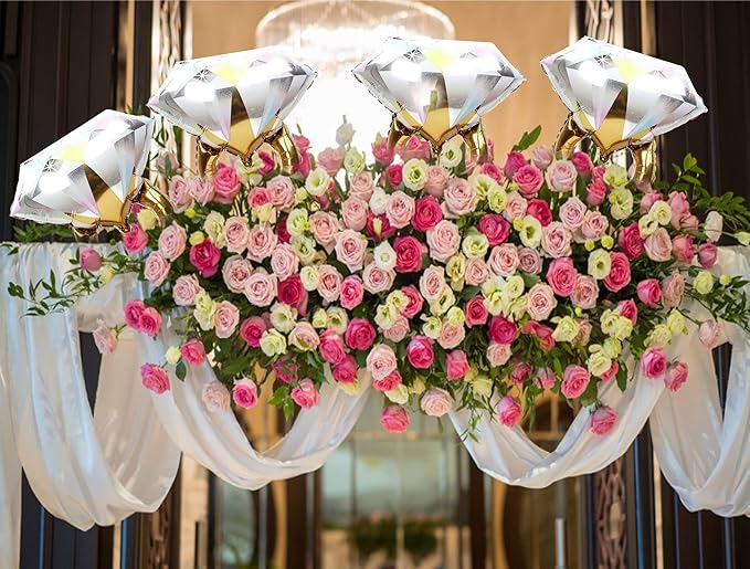 4pcs Diamond Engagement Ring Mylar Balloons, Marriage Engagement and Wedding Bridal Shower Party Supplies.