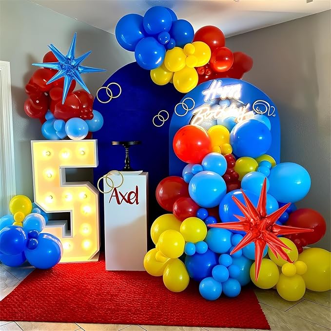 126Pcs Red Blue Yellow Balloon Arch Kit, Cartoon Hedgehog Theme Primary Color Balloon with Gold Circle Explosion Star Foil Balloon Garland Set for Boys Kids Carnival Circus Birthday Party Decorations