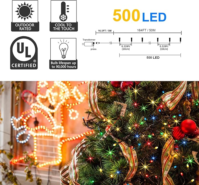 weillsnow 500 LED Multicolor Outdoor Christmas Lights, 164Ft Plug in Waterproof String Lights, 8 Modes with Memory for Outdoor Indoor Garden Halloween Christmas Decorations (Multicolor)