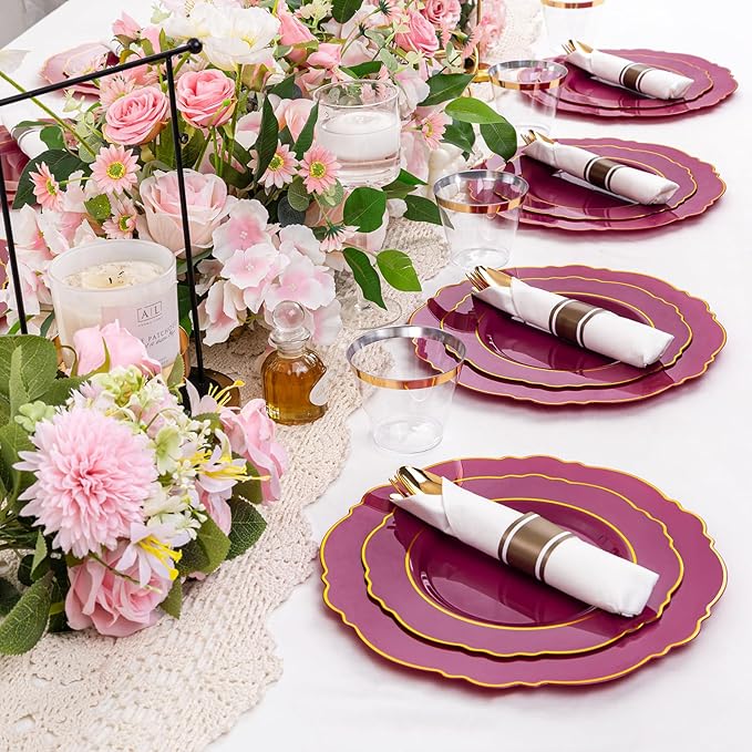Liacere 350PCS Red Plastic Plates-Disposable Burgundy Red and Gold Plates 50guest Baroque Plastic Dinnerware include 100Plates, 50Pack Pre Rolled Napkins with Silverware 50Cups for Christmas