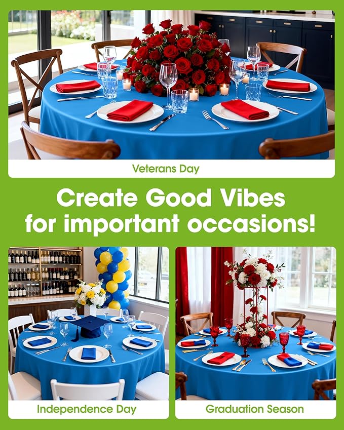 Pureegg Plastic Table Cloth Disposable 10 Pack, 84'' Round Table Cloths, Graduation, Patriotic Decorations, Thanksgiving, Veterans Day Tablecloths, Round, Plastic Cover, Leakproof & Sturdy, Blue
