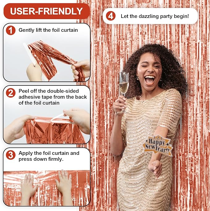 Homiest 6 Pack Rose Gold Tinsel Backdrop, 3.3x6.6 FT Metallic Tinsel Foil Fringe Curtains Party Decorations, Birthday Door Streamers for Baby Shower Wedding, Photo Booth Props Background Wall Decor