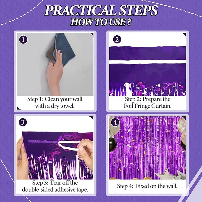 3 Pack Foil Fringe Backdrop - Purple Shiny Tinsel Curtains for Party Decoration/Photo Booth Props - 3.3x8.2 FT Metallic Foil Backdrop for Birthday, Wedding, Graduation, Christmas.