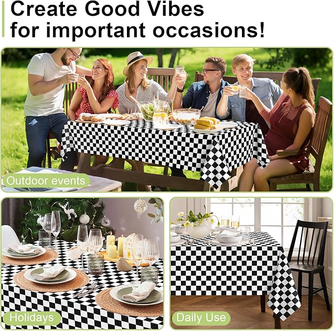 QIKSION Checkered Tablecloth Disposable 6 Pack, 54 x 108 Inch Black and White Checkered Flag Table Cloth for Race Car Decorations, Birthday Party Supplies, Rectangle, Plastic Table Cover