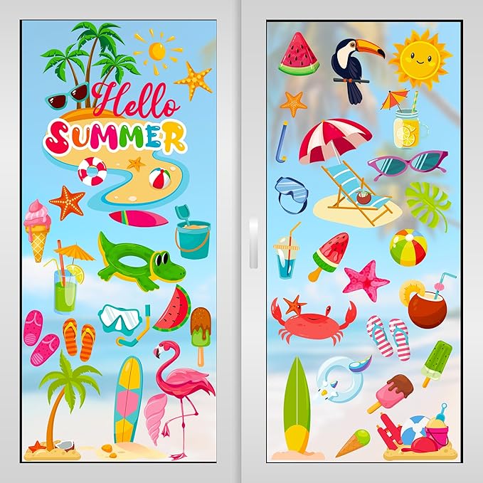 9 Sheets Summer Window Clings, Double Sided Summer Window Clings for Glass Windows, Hello Beach Decals, Sun Watermelon Pattern Stickers for Home Office Accessories Decorations