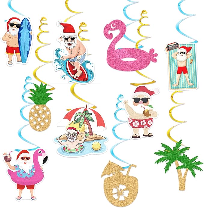 Hawaiian-Tropical Christmas Party-Decorations Streamers - 10Pcs Flamingo Pineapple Palm Leaves Hanging Swirl Ceiling Decor,Summer Pool Beach Birthday Merry Snata Banner Supplies Hugtmr