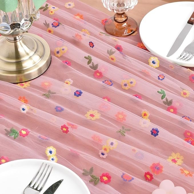 Joanlody 3pcs Blushing Pink Embroidery Daisy Table Runner Valentine’s Day Florals Seasonal Easter Tulle Table Runner Holiday Kitchen Dining Table Decoration for Home Party Indoor