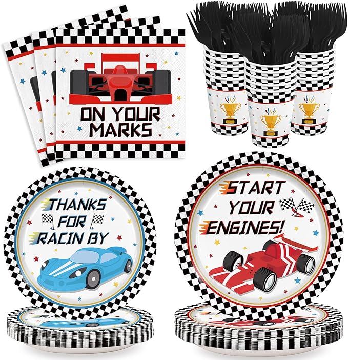 120pcs Racing Car Party Plates Napkins Checked Race Car Birthday Supplies Boys Kids Disposable Tableware Set Paper Cups Forks for Race Car Theme Party Decorations,24 Guests