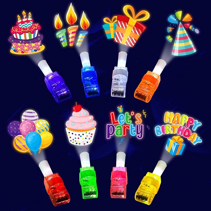 24PCS Happy Birthday Party Favors-LED Finger Lights：Glow-in-the-Dark Light-Up Toys Bulk for Kids,Colorful Birthday Theme Birthday Party Decorations Supplies,Goodie Bags, Classroom Prizes, Fun Gifts
