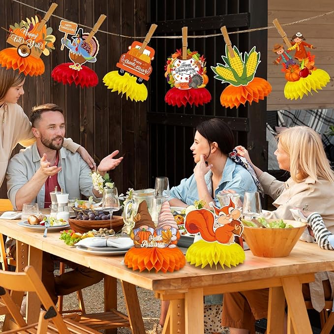 JULMELON 8Pcs Fall Party Decorations, Thanksgiving Table Decorations Honeycomb Centerpieces 3D Double Side Fall Festival Decor Turkey Pumpkin Table Toppers for Friendsgiving Family Party Favors