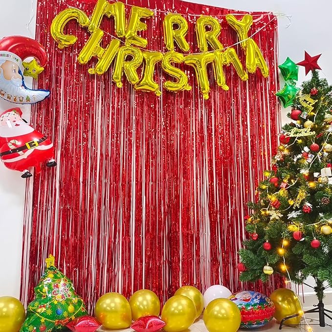 BRAVESHINE Red Tinsel Foil Fringe Curtains - 2Pcs 3.2x8.2ft Holidays Photo Booth Party Backdrop for Valentines/Bachelorette/Anniversary/Engagement/Christmas/Girl/Birthday/Bridal/New Years Decorations