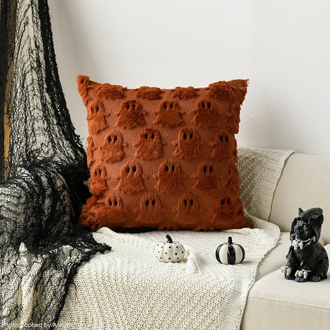AVOIN colorlife Halloween Ghost Caramel Throw Pillow Cover Set of 2, 20 x 20 Inch Soft Plush Faux Fur Jacquard Spooky Cushion Case Decoration for Sofa Couch