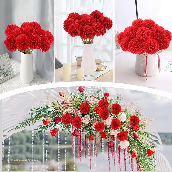 12 Pcs Artificial Chrysanthemums Flowers Silk Red Ball Flowers Fake Mums Flowers for Christmas Wedding Floral Table Centerpiece Home Decor (12, Red)