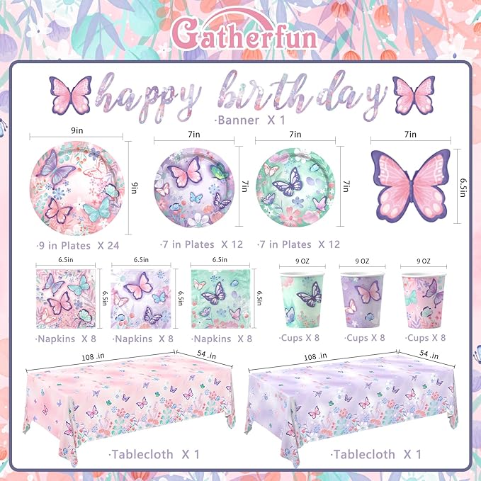 Butterfly Birthday Party Supplies Set - Includes Disposable Plates, Cups, Napkins, Tablecloth, and Banner | Butterfly Party Decorations for Girls Birthday Celebration,Serve 24
