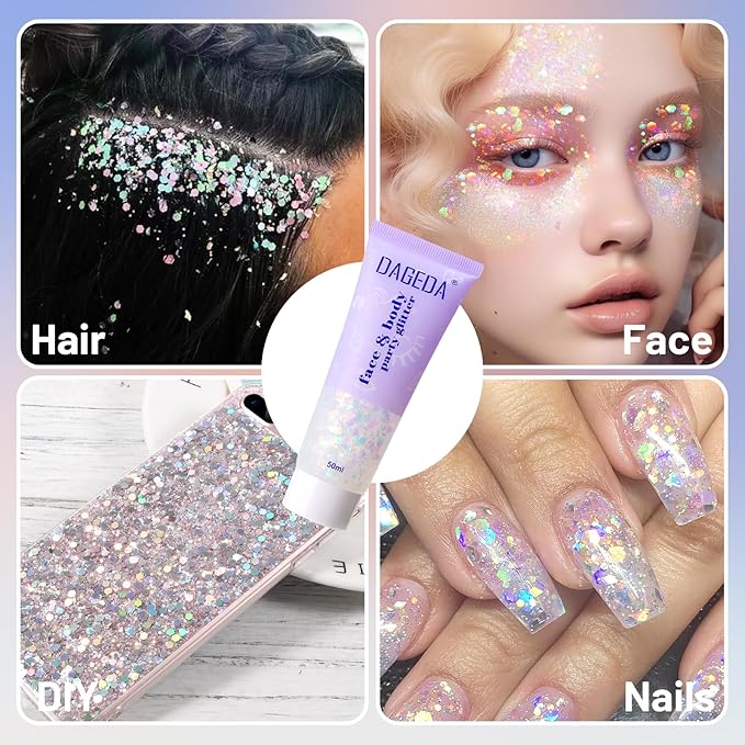 DAGEDA Rainbow Color Body Glitter Gel, Holographic Face Glitter Body Gel Rave Party Accessories, Chunky Glitters for Face Hair Nails, Cosmetic Laser Powder Festival Sequins Paint Makeup
