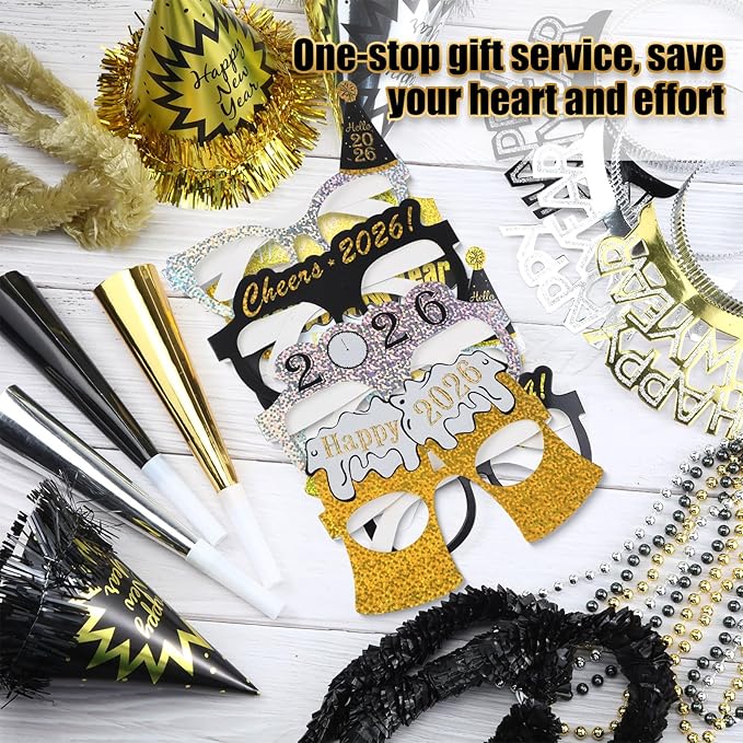 Capoda 192 Pcs New Years Eve Party Supplies 2026 Decorations Kit for 48 Guest with Happy New Year Cone Hat Tiara Headband Glasses Bead Noisemaker Horns Lei Necklace